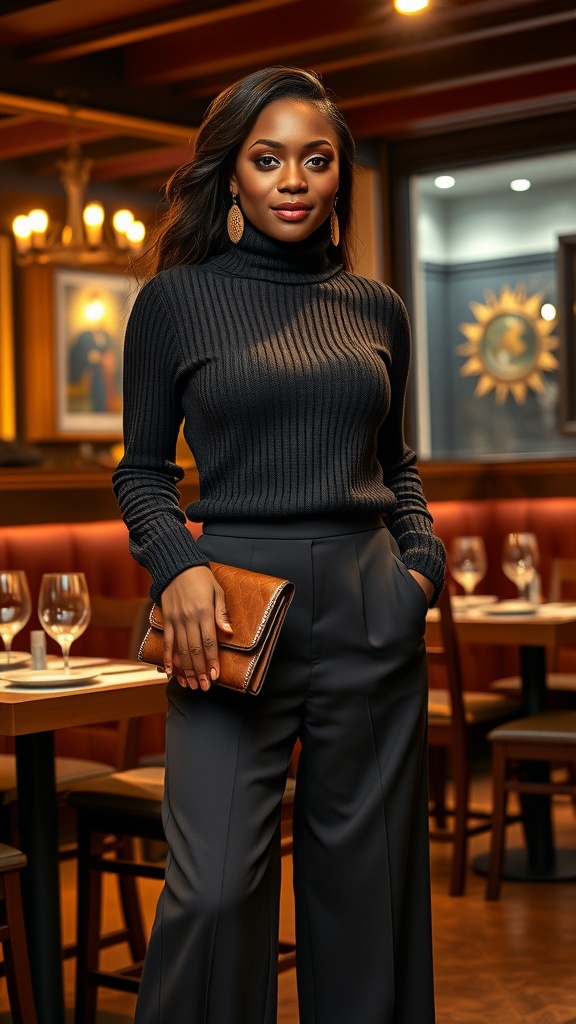 Stylish Winter Dinner Night Outfit for Black Women A black woman in a winter dinner outfit with a turtleneck and wide-leg trousers, accessorized for a night out.